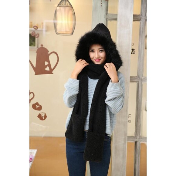 Winter Women Hoodie Hat Scarf Gloves Set Plush Fur Warm Casual Accessory